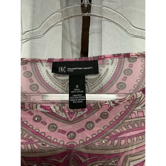 Y2K Sheer Pink Paisley Mesh Rhinestone Top Batwing Embellished Blouse Small INC - Picture 4 of 7
